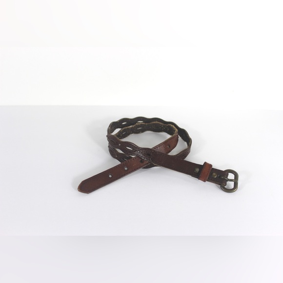 Vintage Skinny Worn in Dark Brown Leather Belt with Tiny Studs and Cutouts - Picture 2 of 8